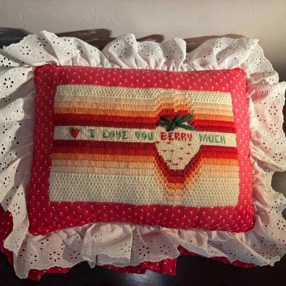 Strawberry Embroidered Pillow cottage core, grannycore  handmade raffled‎